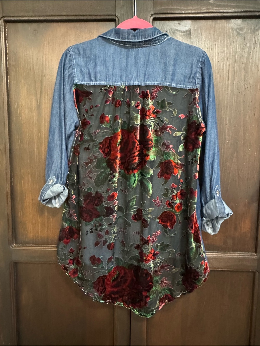 Altar’d State Western Denim Button-Up Shirt in Medium Blue & Sheer Floral Back